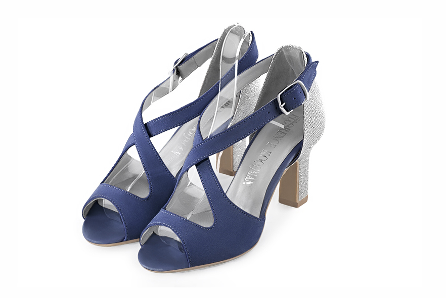 Prussian blue and light silver women's closed back sandals, with crossed straps. Round toe. High kitten heels. Front view - Florence KOOIJMAN